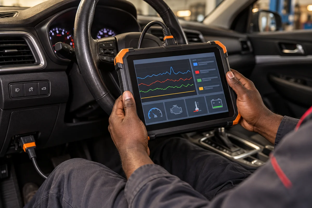 A technician using a vehicle diagnostic scanner