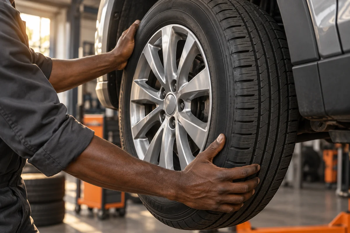 A technician fitting a tyre to a vehicle