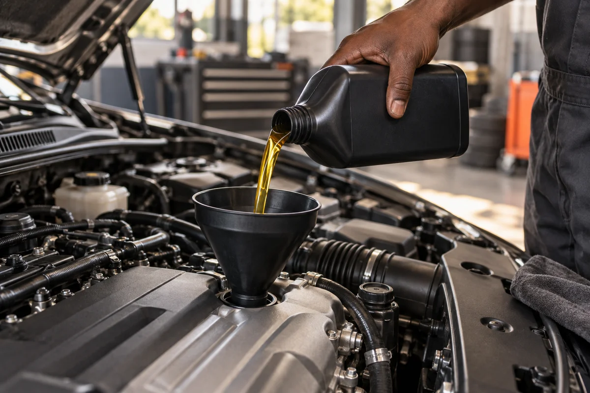 Engine oil being poured during an oil change
