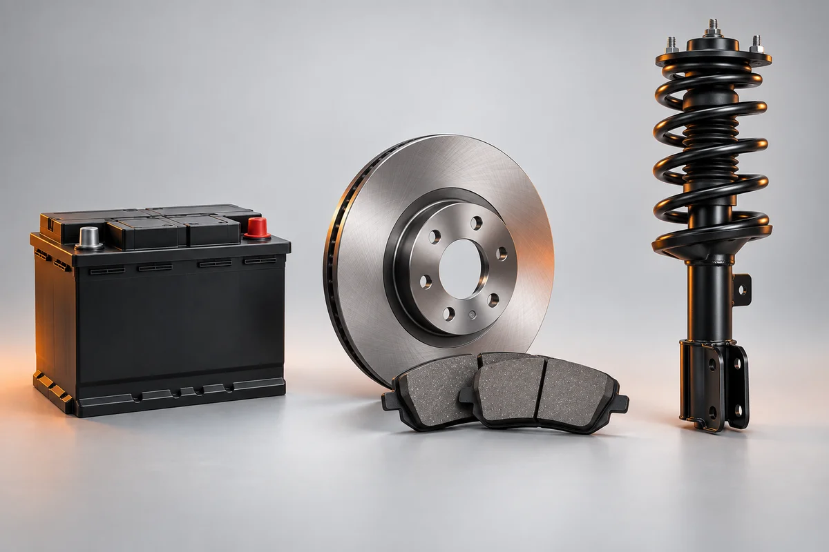 A vehicle battery, brake disc and pads, and suspension strut